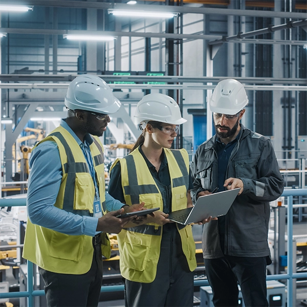 factory workers in an industrial setting dicussing business over a laptop